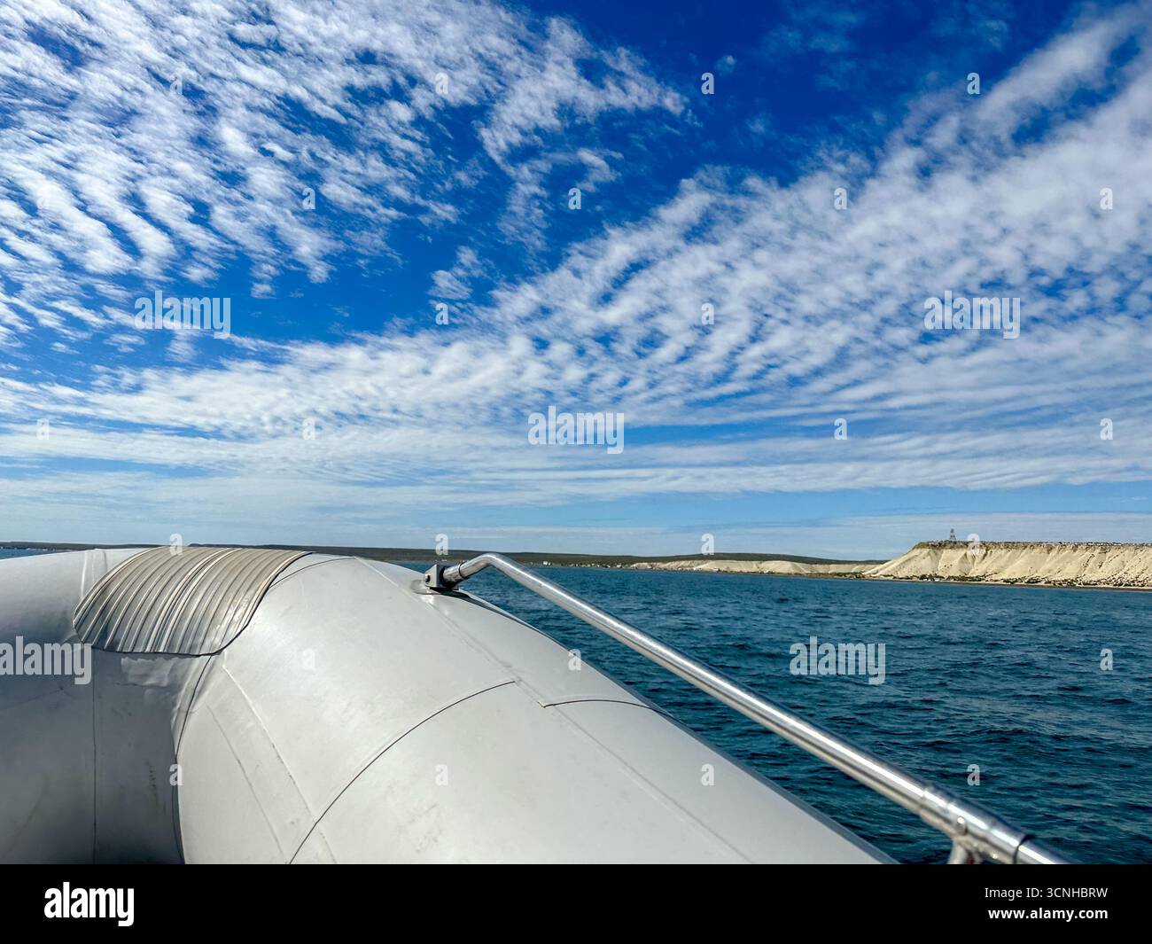 Un gommone rigido e una barca a vela vicino alla spiaggia sotto un cielo coperto, pronti per escursioni marine lungo la costa della Patagonia. Foto Stock