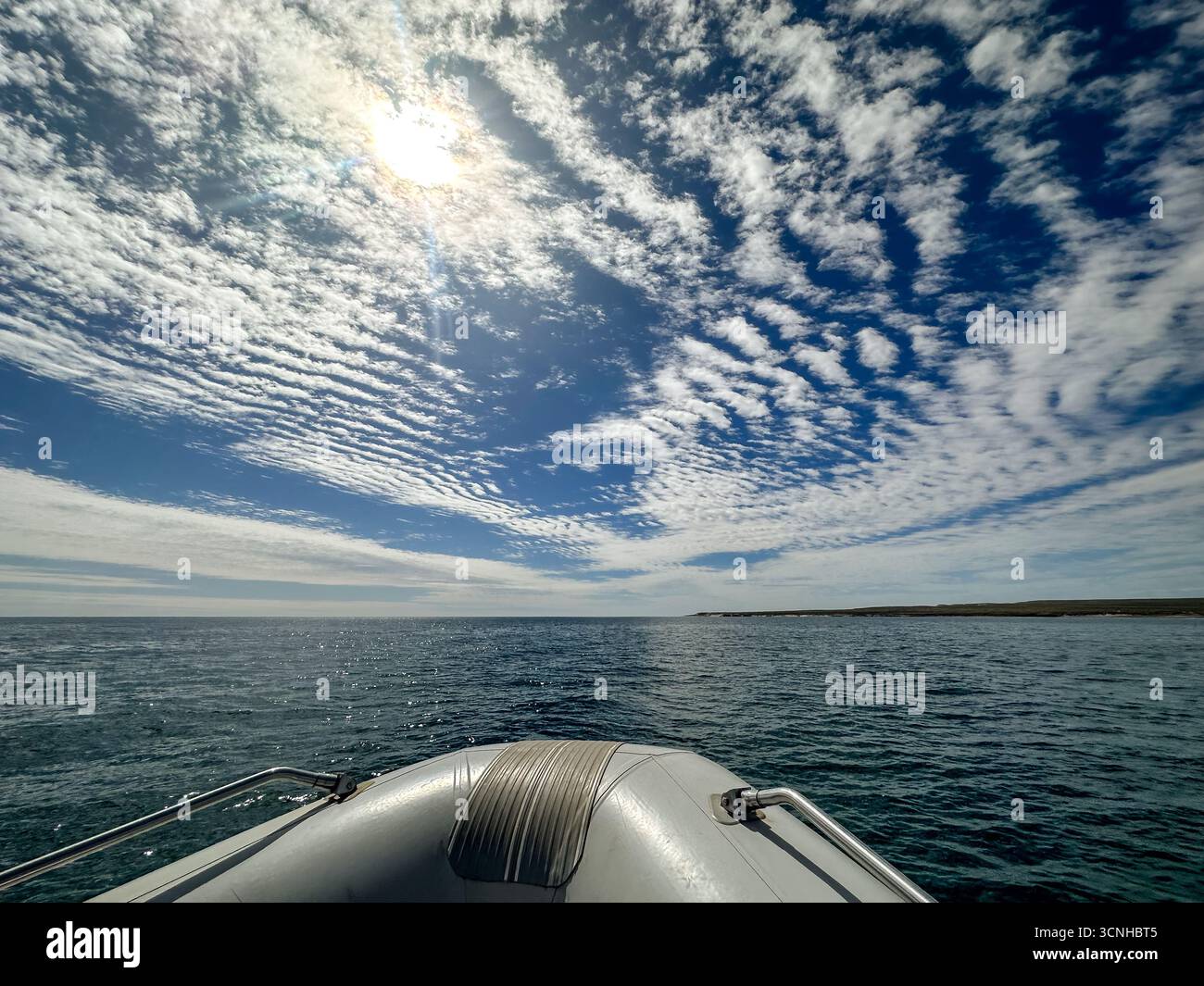 Un gommone rigido e una barca a vela riposano su rimorchi vicino alla spiaggia sotto un cielo coperto, pronti per escursioni marine lungo la costa della Patagonia. Foto Stock