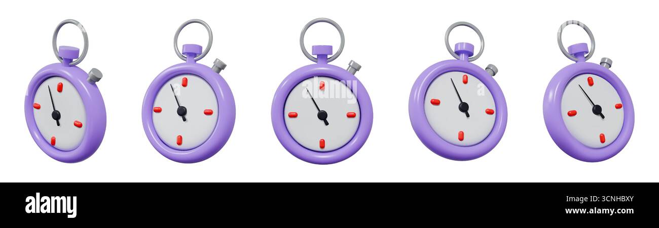Orologio 3D. Timer cronometro. Cronometro con conto alla rovescia o orologio in esecuzione. Rendering arresto sport. Angoli di visualizzazione segnatempo Coach. Freccia Timekeeper scadenza. Precisione della misurazione minuto. Set di icone del cronometro vettoriale Illustrazione Vettoriale