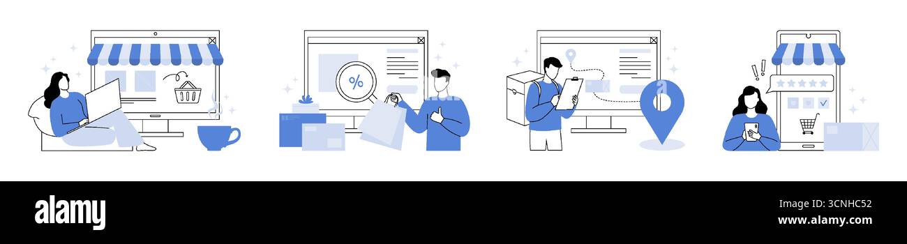 Negozio online. Icone infografiche eCommerce. Carattere riga con elenco prodotti e pagamento cliente per l'acquisto. App mobile per lo shopping. Star dell'esperienza utente. Consegna ordini via Internet. Set di concetti vettoriali Illustrazione Vettoriale