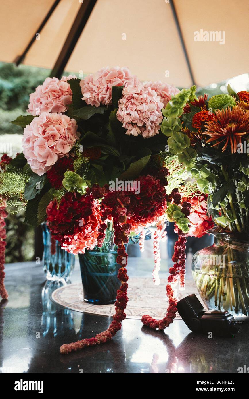 Composizione floreale caratterizzata da ortensie rosa, fiori rossi e arancioni elegantemente esposti in vasi di vetro su un tavolo. I fiori vivaci creano uno striki Foto Stock