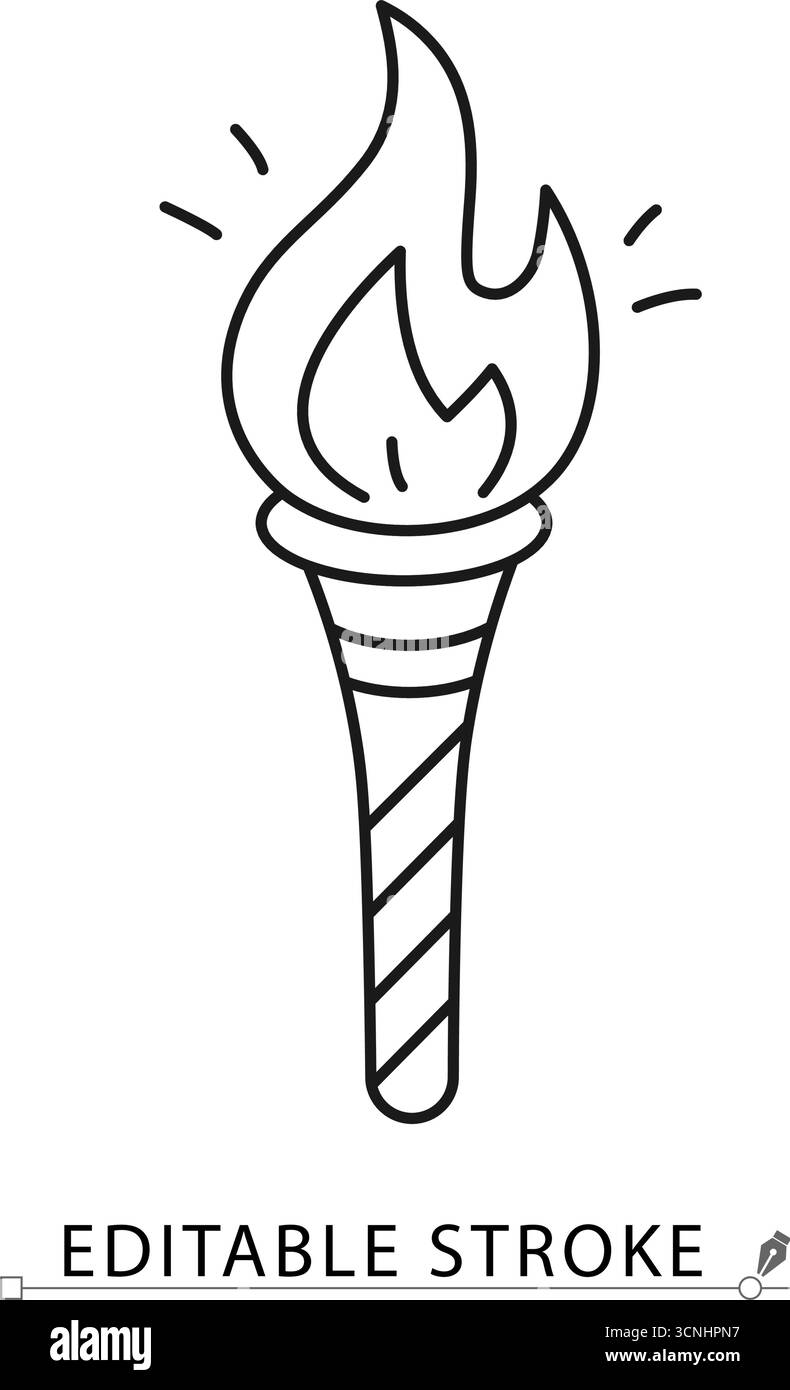 Un'icona di torcia fiammeggiante in stile minimalista con tratto modificabile. Elemento di Halloween, simbolo del fuoco, decorazione spettrale, design avventura, tema gotico Illustrazione Vettoriale