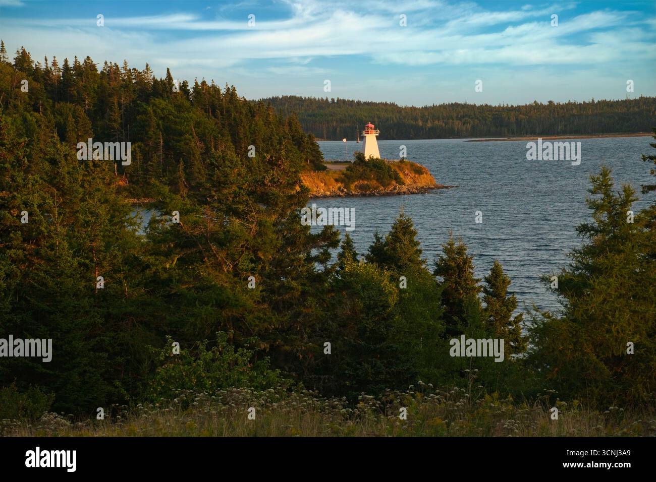 Il faro di Jerome Point in nuova Scozia, il punto in cui i laghi Bras d'Or si svuotano nell'oceano Atlantico, si erge alto su un affioramento roccioso, circondato Foto Stock Il faro di Jerome Point in nuova Scozia, il punto in cui i laghi Bras d'Or si svuotano nell'oceano Atlantico, si erge alto su un affioramento roccioso, circondato Foto Stock
