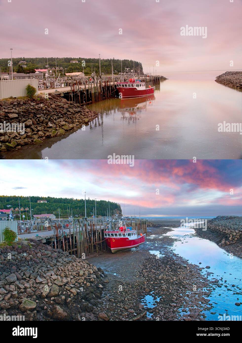 Un confronto spettacolare tra le 12 mewter maree su un peschereccio attraccato ad Alma, Bay of Fundy, New Brunswick Foto Stock