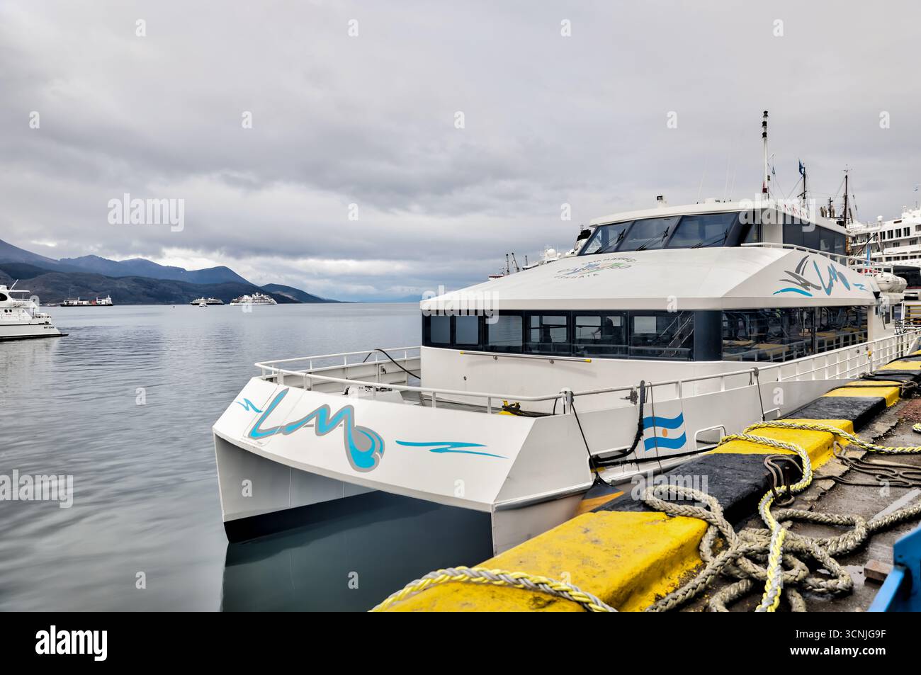 Un moderno catamarano gestito da Tolkeyen Patagonia Turismo è attraccato al porto di Ushuaia, preparandosi a imbarcarsi in una crociera panoramica Foto Stock