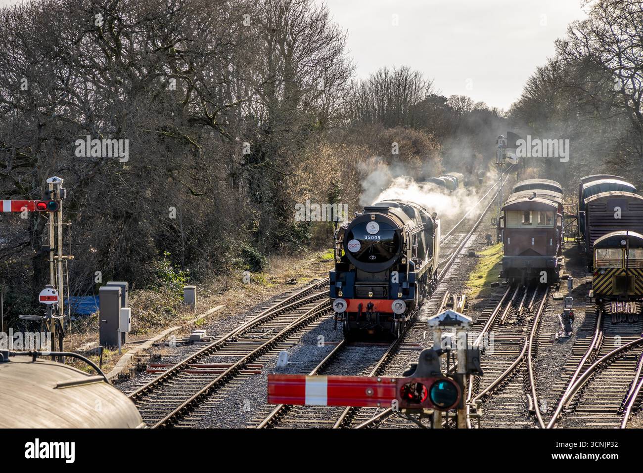 BR "Merchant Navy" 4-6-2 No. 35005 "Canadian Pacific", Medstead and Four Marks, Hampshire, Inghilterra, Regno Unito Foto Stock