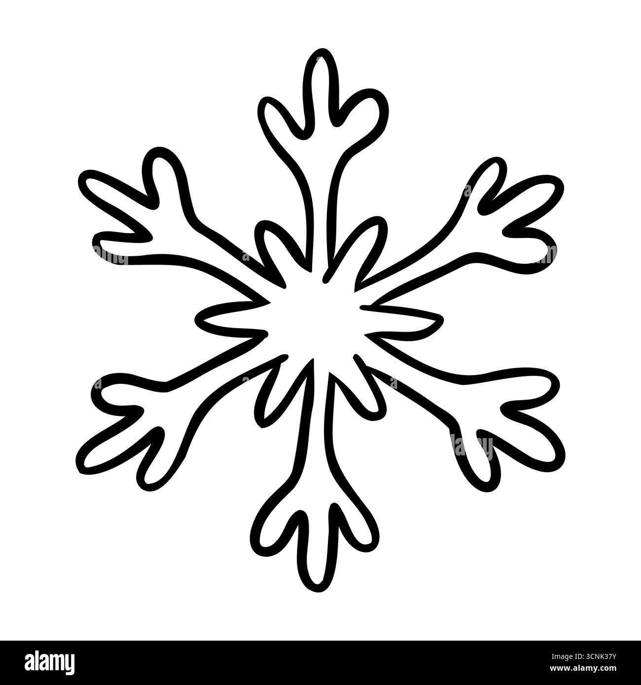 Fiocco di neve disegnato a mano con un profilo sottile. Elemento decorativo invernale. Illustrazione minima con isolamento vettoriale su sfondo bianco. Illustrazione Vettoriale