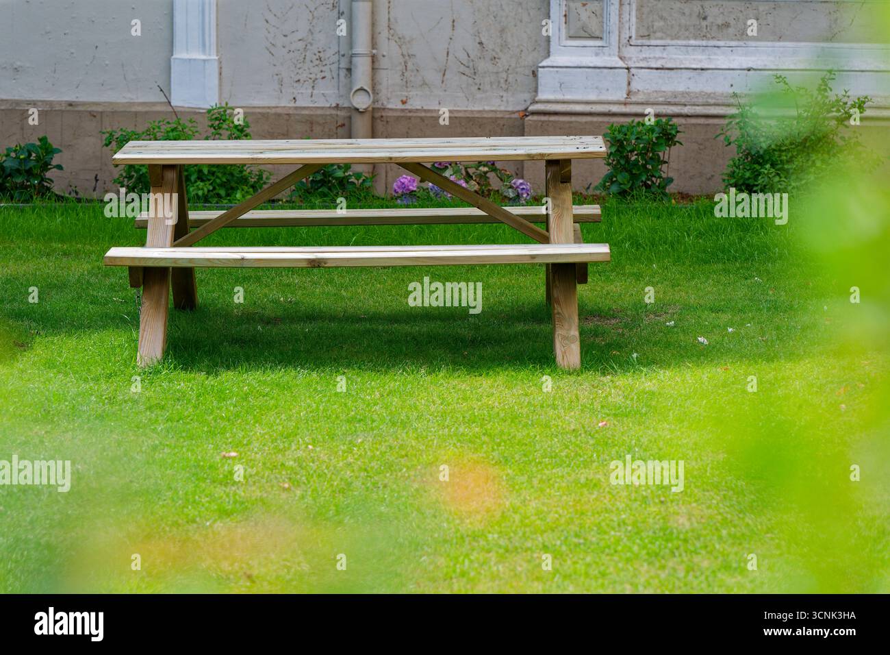 Un tavolo in legno massello con due panche si erge su erba tagliata, sostenuto da ortensie e arbusti contro una facciata graffiata. Tranquillo giardino per l Foto Stock