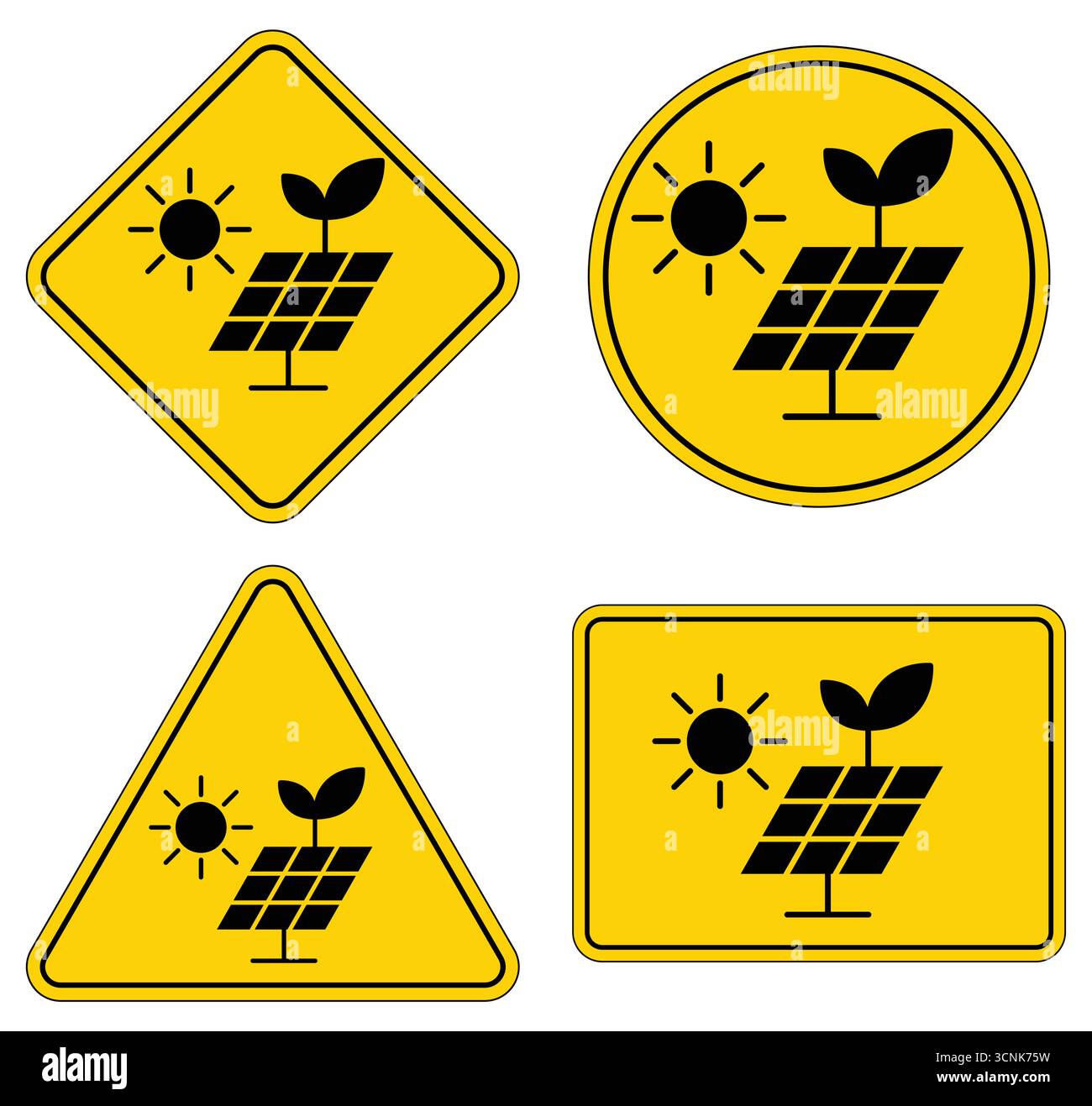 Quattro segni unici raffigurano l'integrazione di luce solare, impianti e pannelli solari, sottolineando i concetti di sostenibilità e energie rinnovabili. Illustrazione Vettoriale