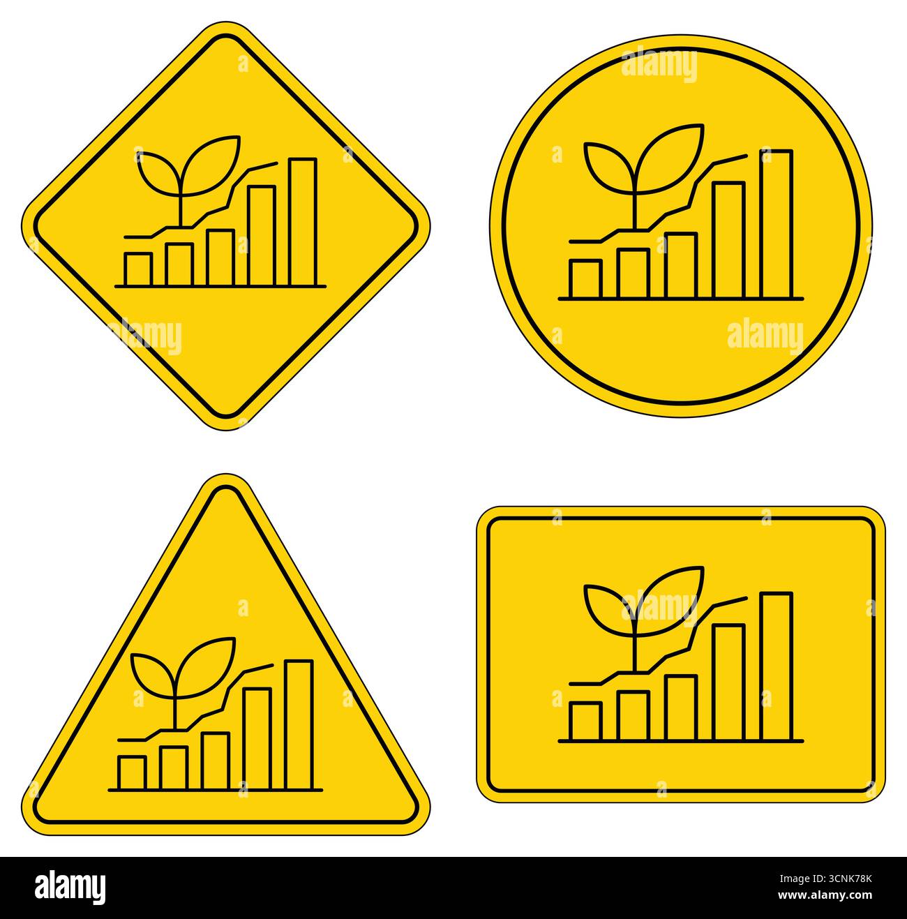Un vivace set di icone gialle che illustrano i concetti di crescita con piante e grafici a barre. Ideale per aziende, finanza e temi ambientali. Illustrazione Vettoriale
