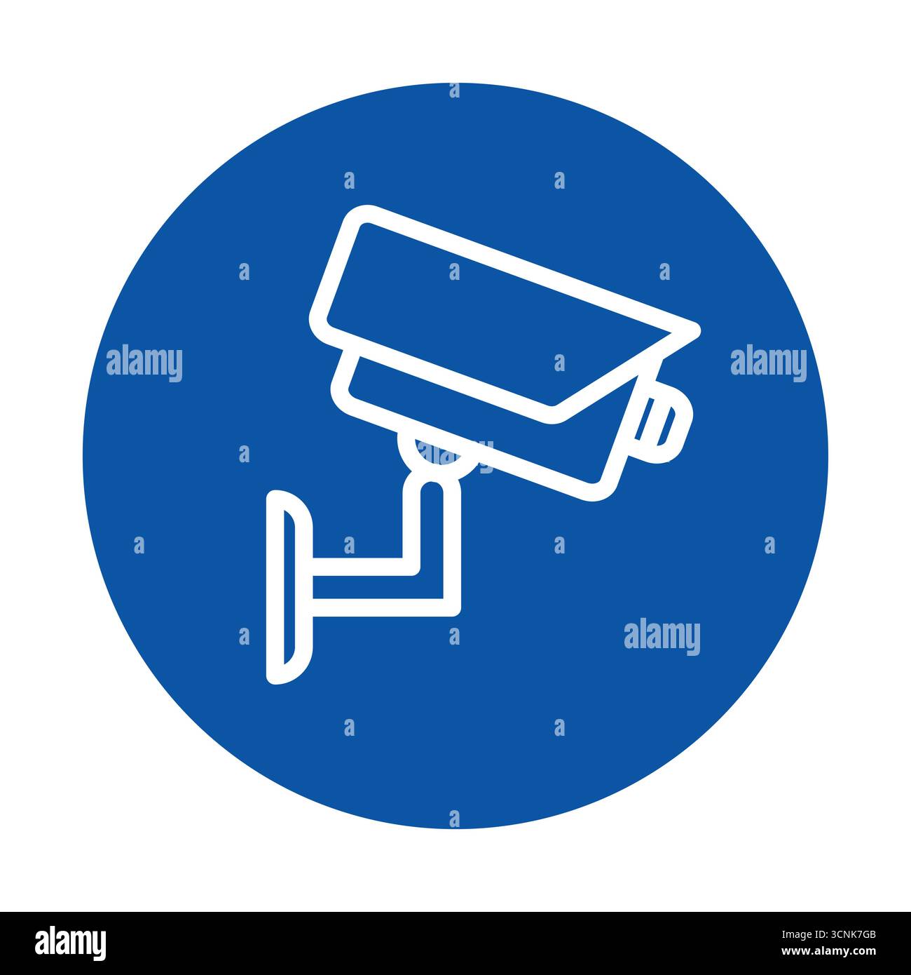 Icona minimalista della telecamera di sorveglianza con contorno bianco su sfondo circolare blu. Ideale per temi di sicurezza, sicurezza e tecnologia in vari modi Illustrazione Vettoriale