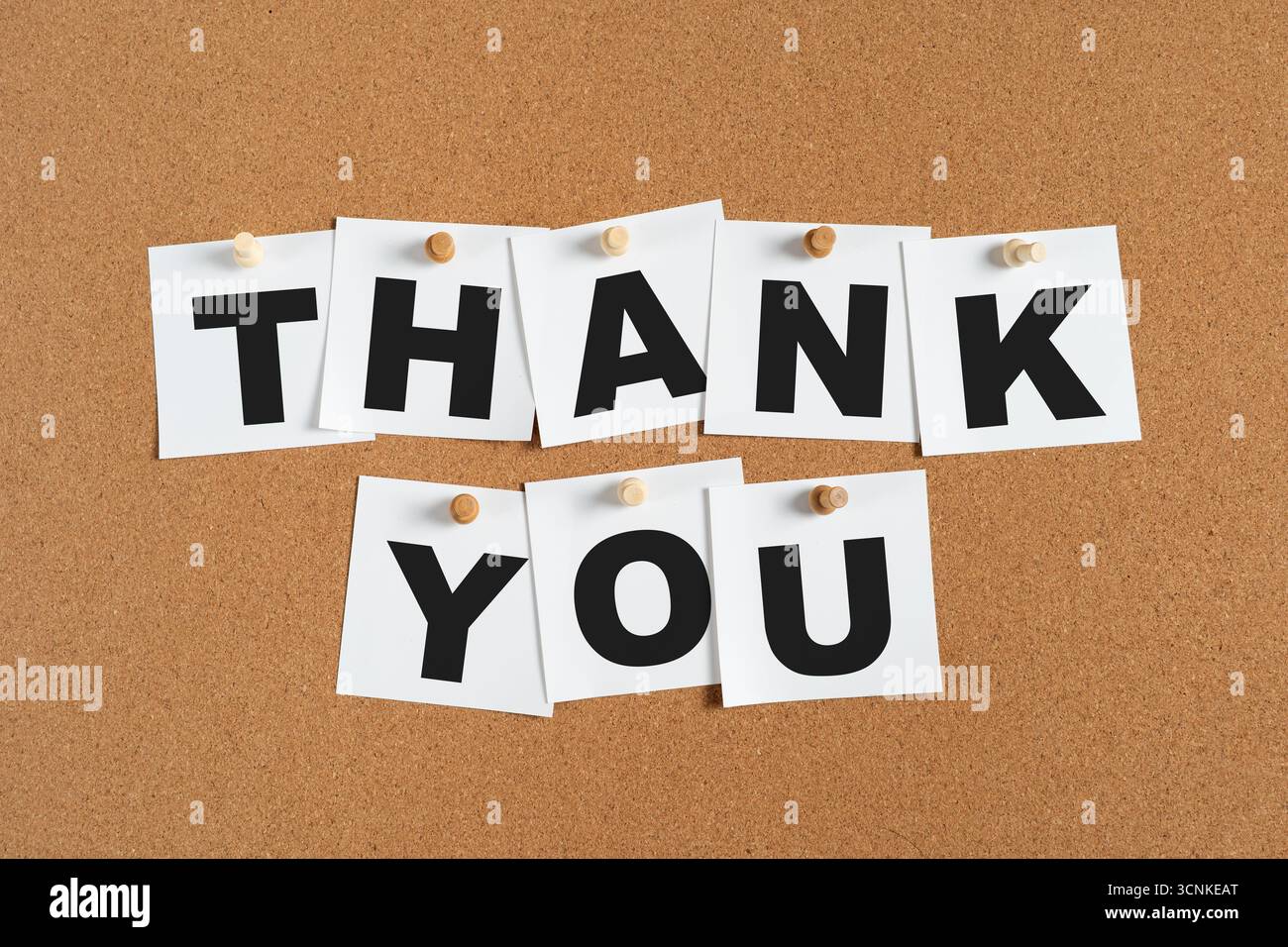 Note di white paper fissate su una tavola di sughero con perni di spinta in legno che scrivono le parole "GRAZIE" in grassetto nero, creando un messaggio di apprezzamento chiaro e semplice. Foto Stock
