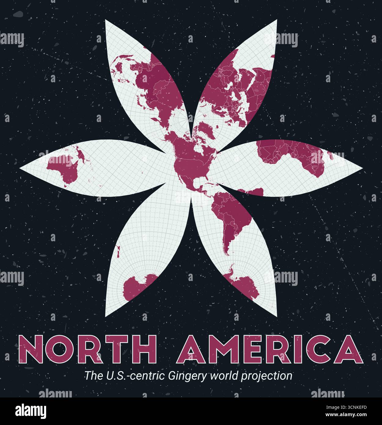 Nord America. Mappa del mondo. La proiezione del mondo di Gingery incentrata sugli Stati Uniti è incentrata sul Nord America. Pallido Mint Dark Pink (Rosa scuro). Texture vintage. Illustrazione Vettoriale
