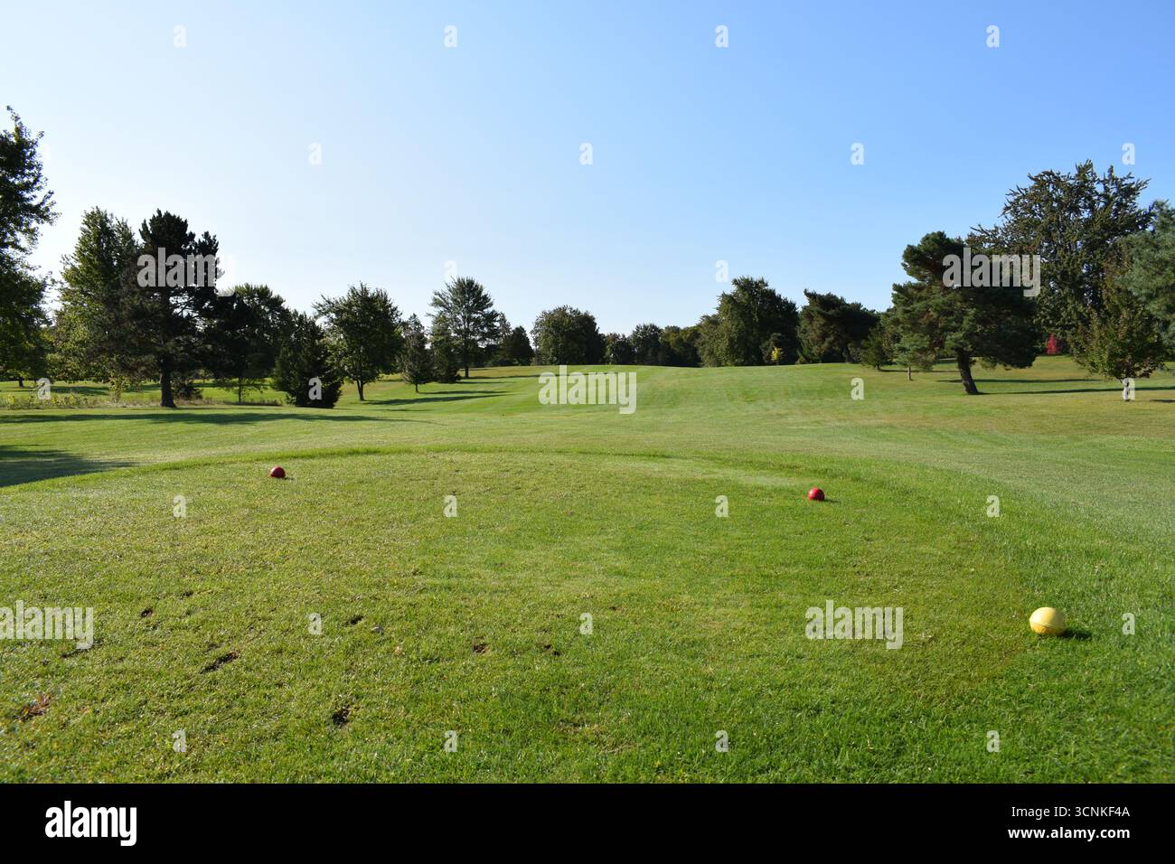 Il campo da golf e il fairway alberato sono in grado di affrontare la sfida dai tee box in un luminoso e limpido pomeriggio estivo con cieli azzurri Foto Stock
