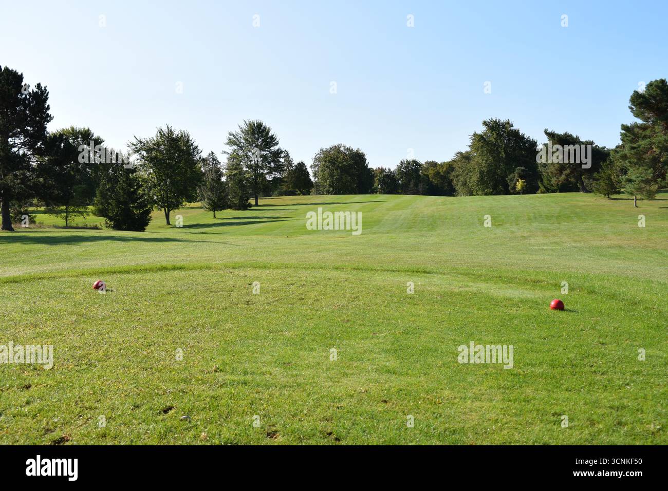 Il campo da golf e il fairway alberato sono in grado di affrontare la sfida dai tee box in un luminoso e limpido pomeriggio estivo con cieli azzurri Foto Stock