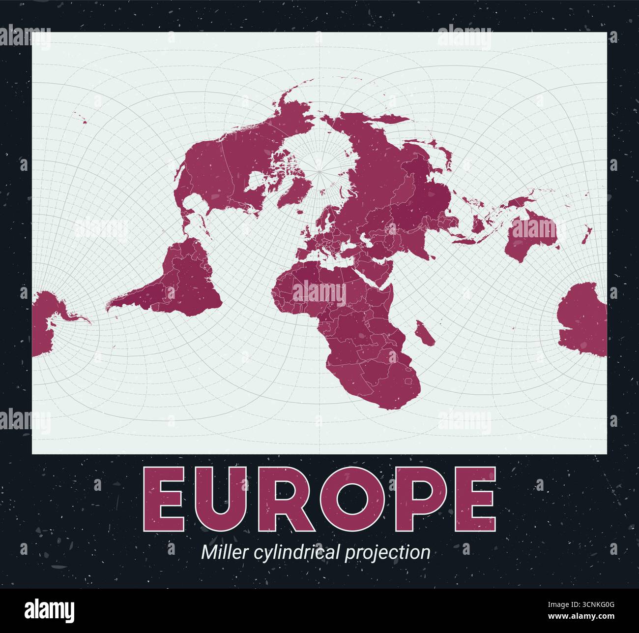Europa. Mappa del mondo. Proiezione cilindrica Miller centrata sull'Europa. Pallido Mint Dark Pink (Rosa scuro). Texture vintage. Illustrazione vettoriale classica. Illustrazione Vettoriale