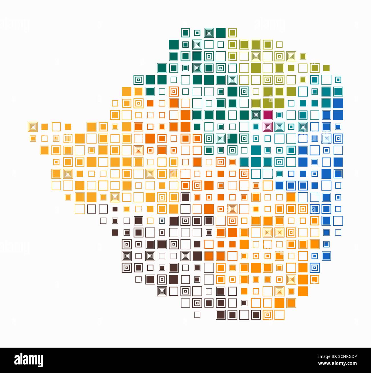 Zimbabwe, forma del paese costruito di cellule colorate. Mappa digitale dello Zimbabwe su sfondo bianco. Blocchi quadrati di grandi dimensioni. Illustrazione Vettoriale