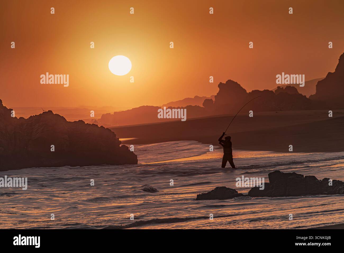 Le onde che si infrangono contro le sagome dei leoni marini sulle formazioni rocciose al tramonto. Una scena costiera dorata che unisce forza naturale e serenità marina Foto Stock
