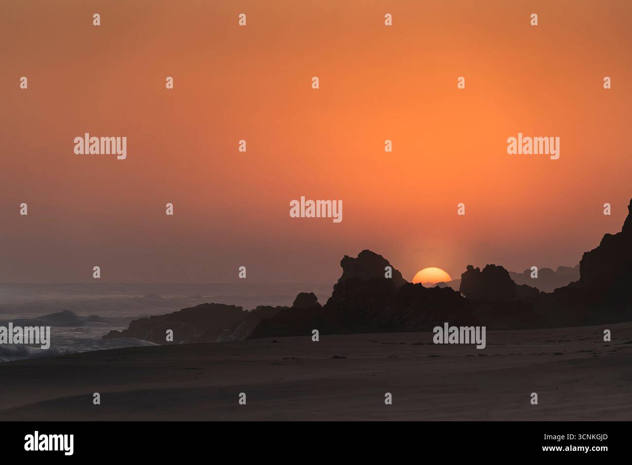 Le onde che si infrangono contro le sagome dei leoni marini sulle formazioni rocciose al tramonto. Una scena costiera dorata che unisce forza naturale e serenità marina Foto Stock