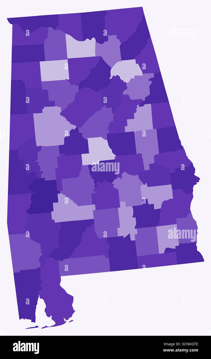 Mappa dell'Alabama con le contee. Solo una semplice mappa del confine di stato con la divisione della contea. Tavolozza di colori viola intenso. Illustrazione Vettoriale