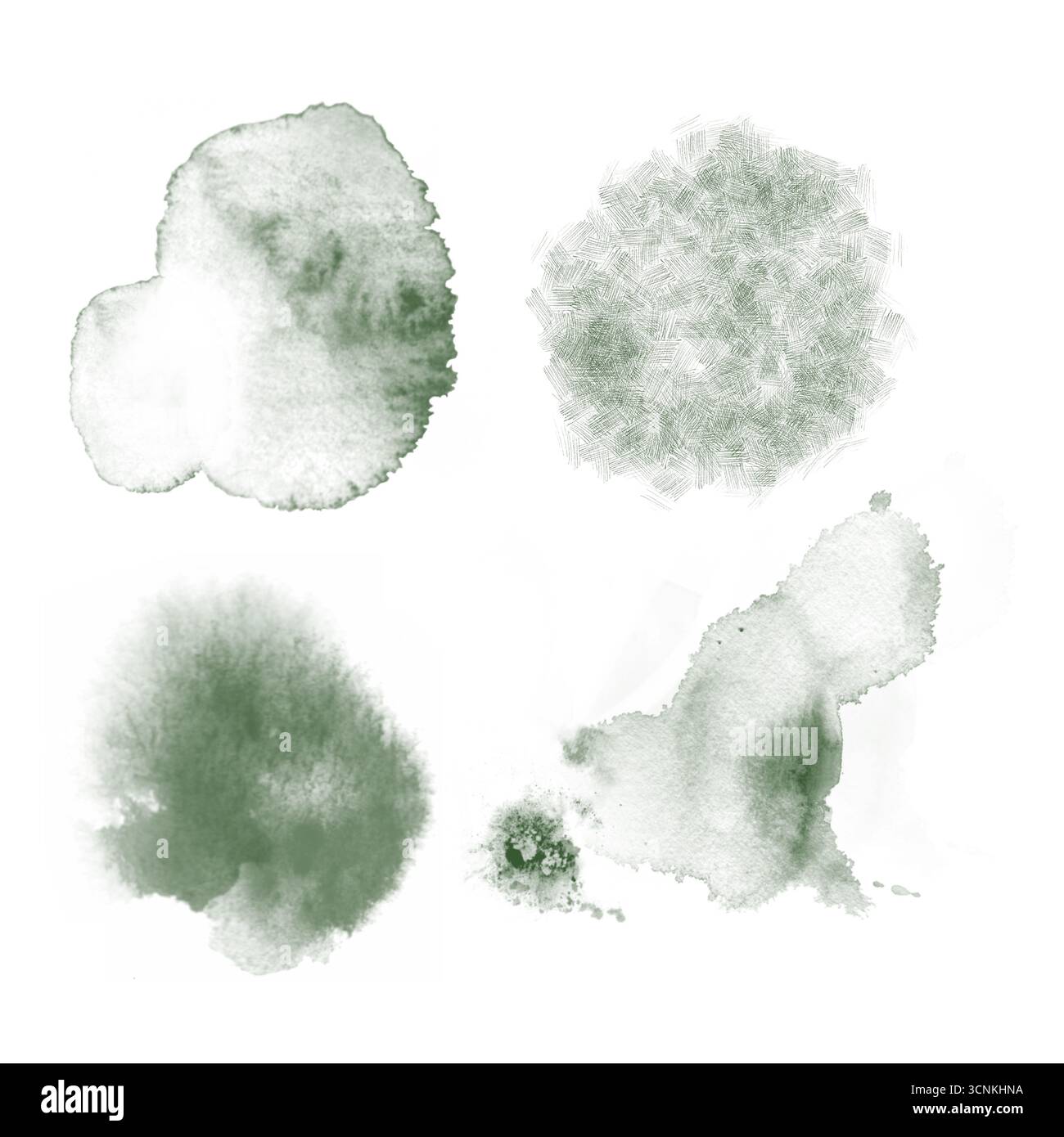 Schizzi di verde acquerello astratto, perfetti per sfondi, texture o progetti di design. Alta risoluzione, versatile per carte, inviti o cifre Foto Stock