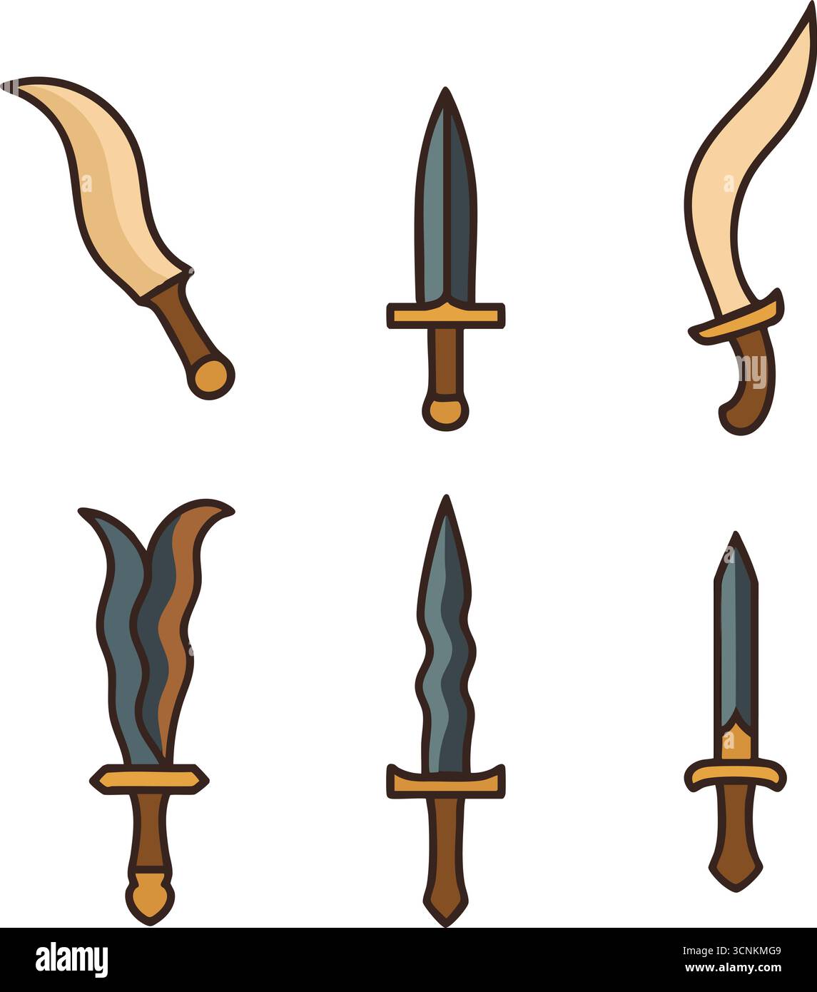 Un'esposizione di sei piccoli pugnali in stile cerimoniale con varie lame curve e dritte con semplici parapetti e manici rastremati Illustrazione Vettoriale