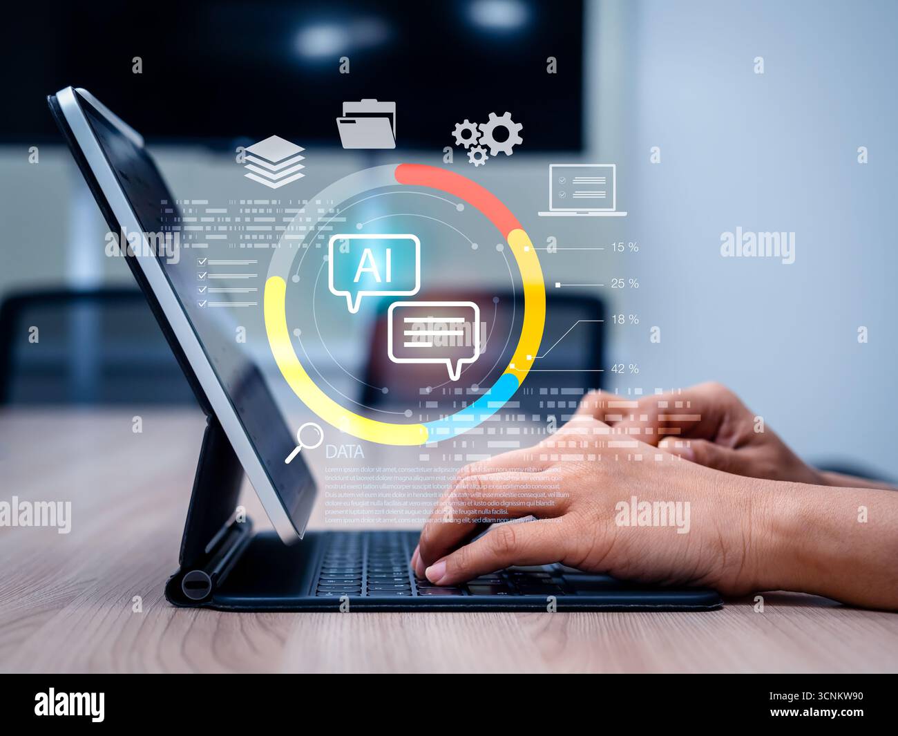 L'uomo d'affari mette le mani sulla tastiera di un tablet con interfaccia agente ai virtuale e grafica di analisi dei dati che rappresenta l'automazione dell'intelligenza artificiale, assistente intelligente Foto Stock