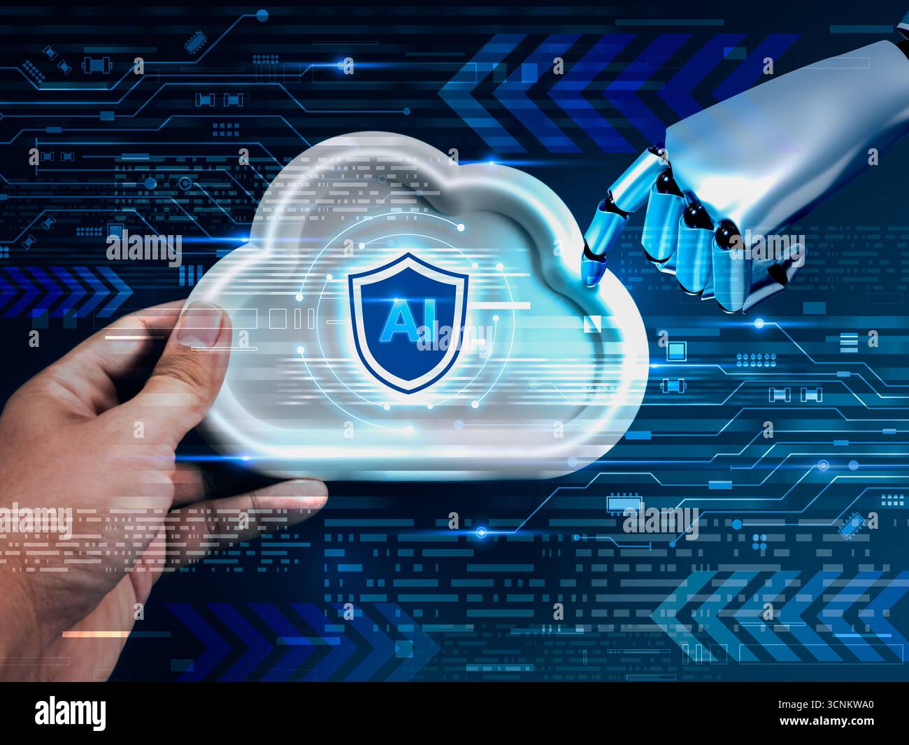 Concetto di tecnologia cloud AI con mani umane e robotiche che toccano un cloud digitale con l'icona dello scudo, simboleggiando archiviazione cloud sicura, trasferimento dati, arte Foto Stock