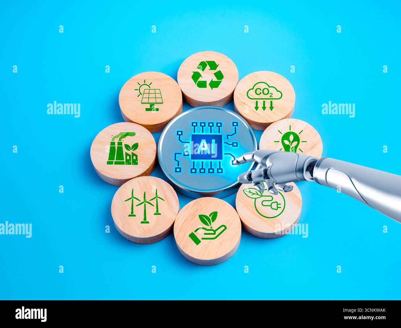 Mano del robot che tocca l'icona IA circondata da simboli ecologici su sfondo blu, che rappresentano l'IA per sostenibilità, energia pulita, riduzione delle emissioni di carbonio, Foto Stock