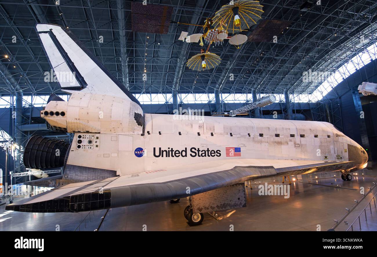 Collezione storica di veicoli spaziali nel museo dell'aviazione Steven F. Udvar Hazy Center, Virginia, Stati Uniti Foto Stock