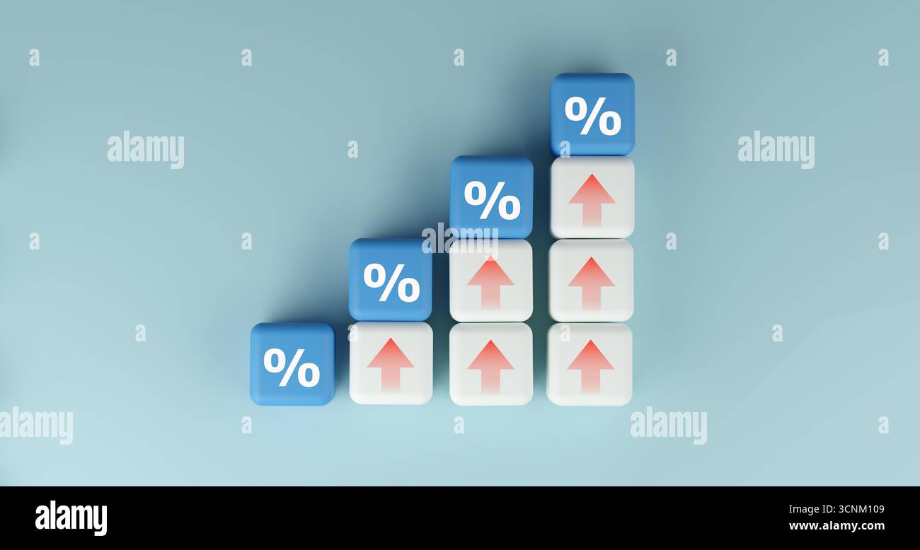 Rendering 3D dinamico dei cubi che formano una scala in aumento con simboli di percentuale e frecce verso l'alto, aumento del tasso di interesse, crescita finanziaria, business pr Foto Stock