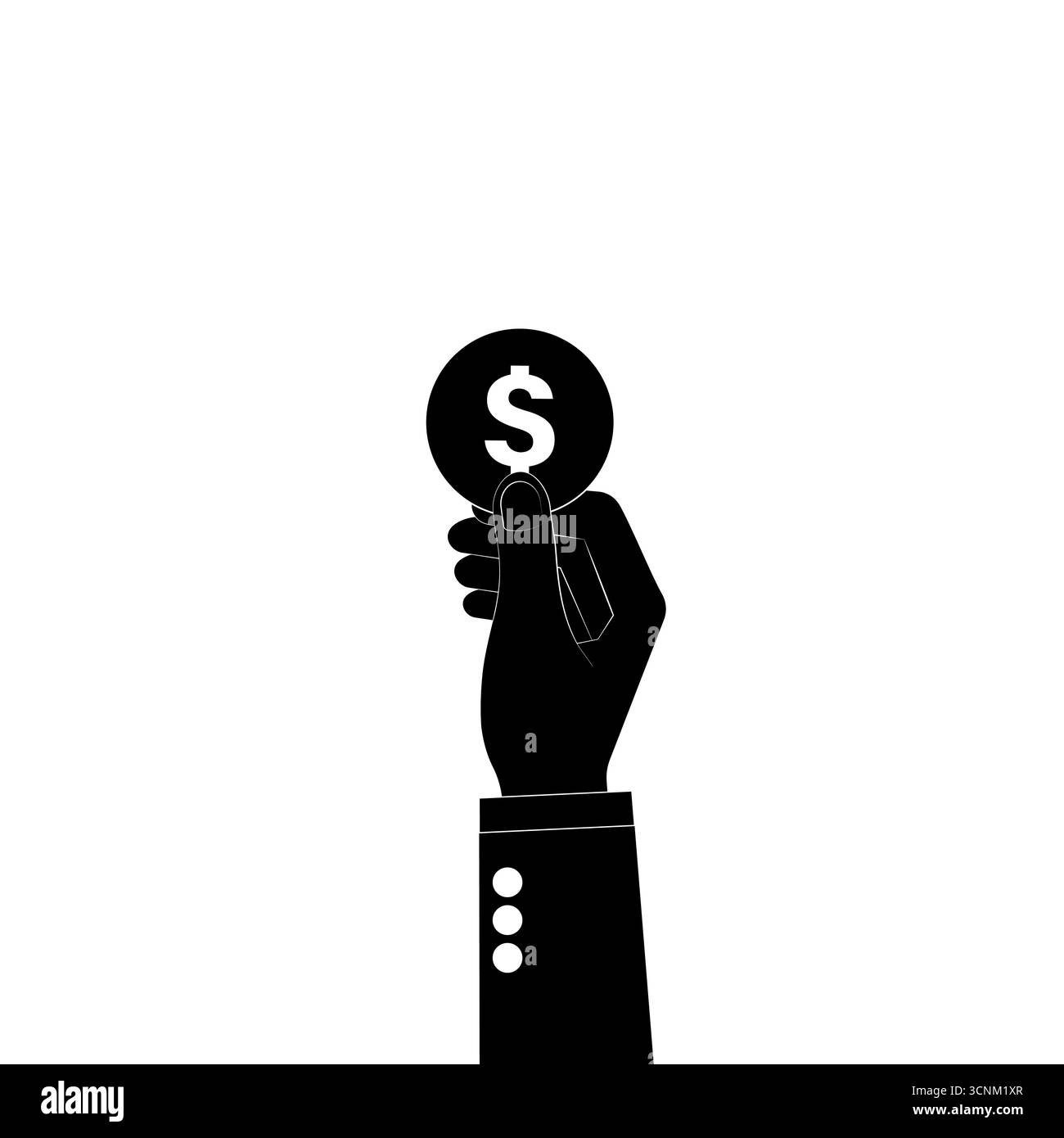 Icona a forma di moneta a mano, nero e bianco. Illustrazione vettoriale. Concetto di crescita del denaro, risparmio e investimenti. Illustrazione Vettoriale