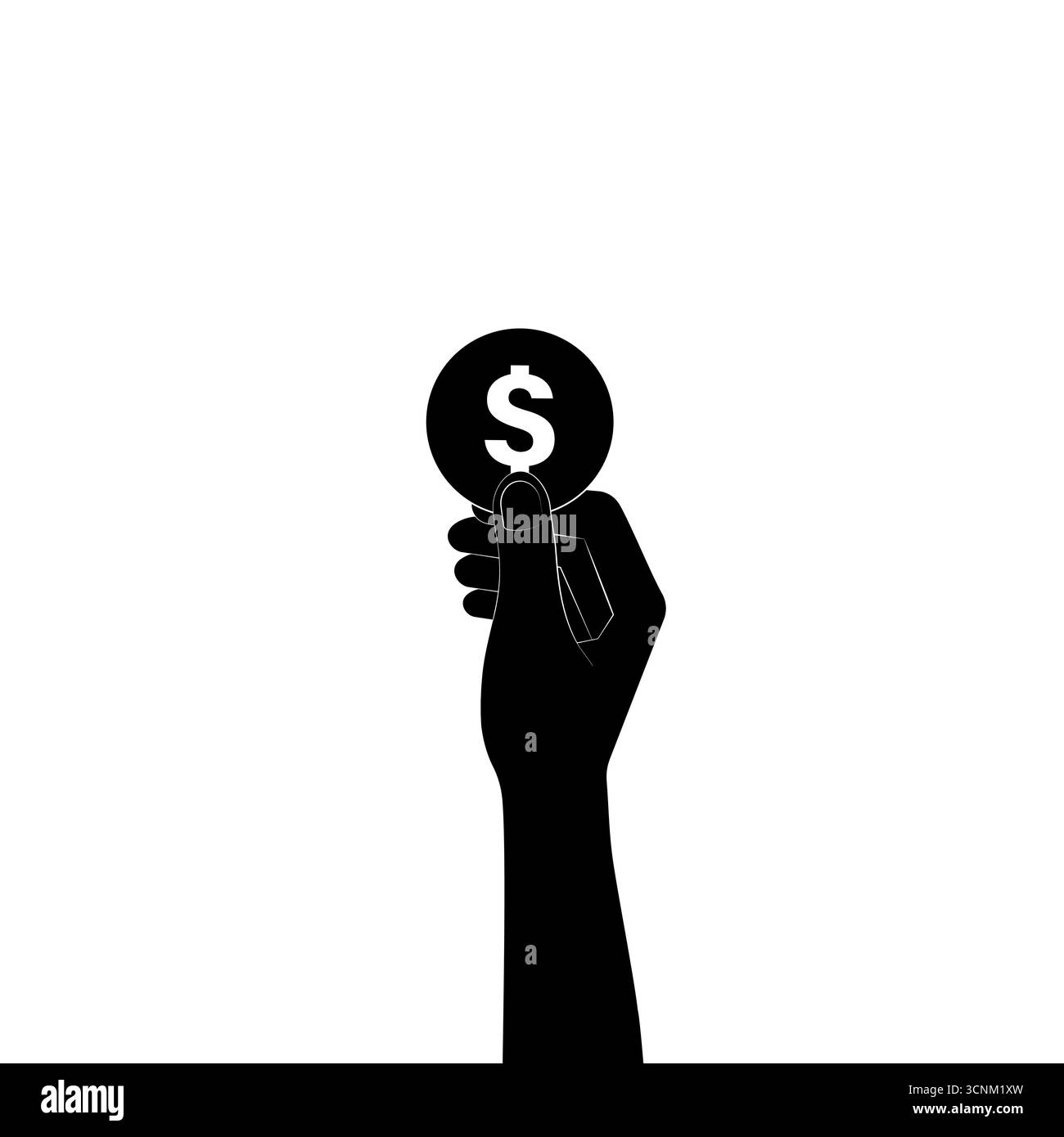 Icona a forma di moneta a mano, nero e bianco. Illustrazione vettoriale. Concetto di crescita del denaro, risparmio e investimenti. Illustrazione Vettoriale