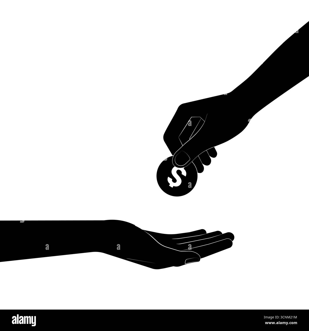 Tenendo le mani e dando la silhouette a moneta in bianco e nero. Illustrazione vettoriale. Concetto di crescita del denaro, risparmio e investimenti. Illustrazione Vettoriale