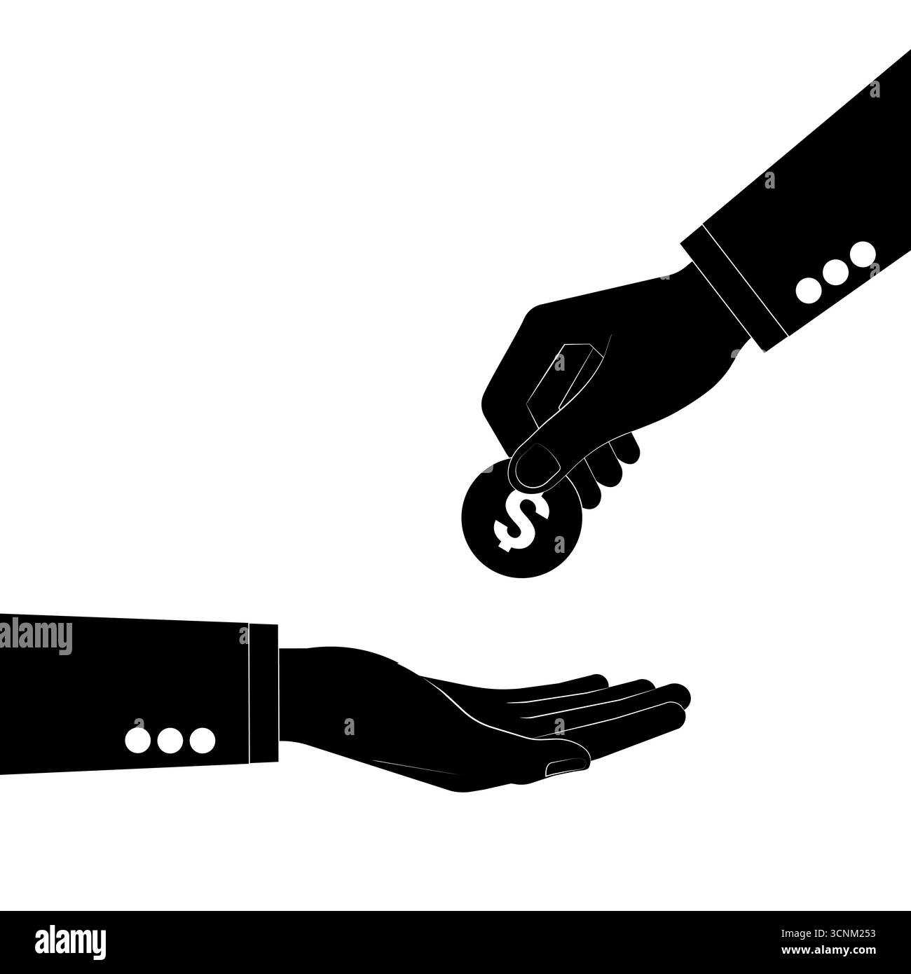 Tenendo le mani e dando la silhouette a moneta in bianco e nero. Illustrazione vettoriale. Concetto di crescita del denaro, risparmio e investimenti. Illustrazione Vettoriale
