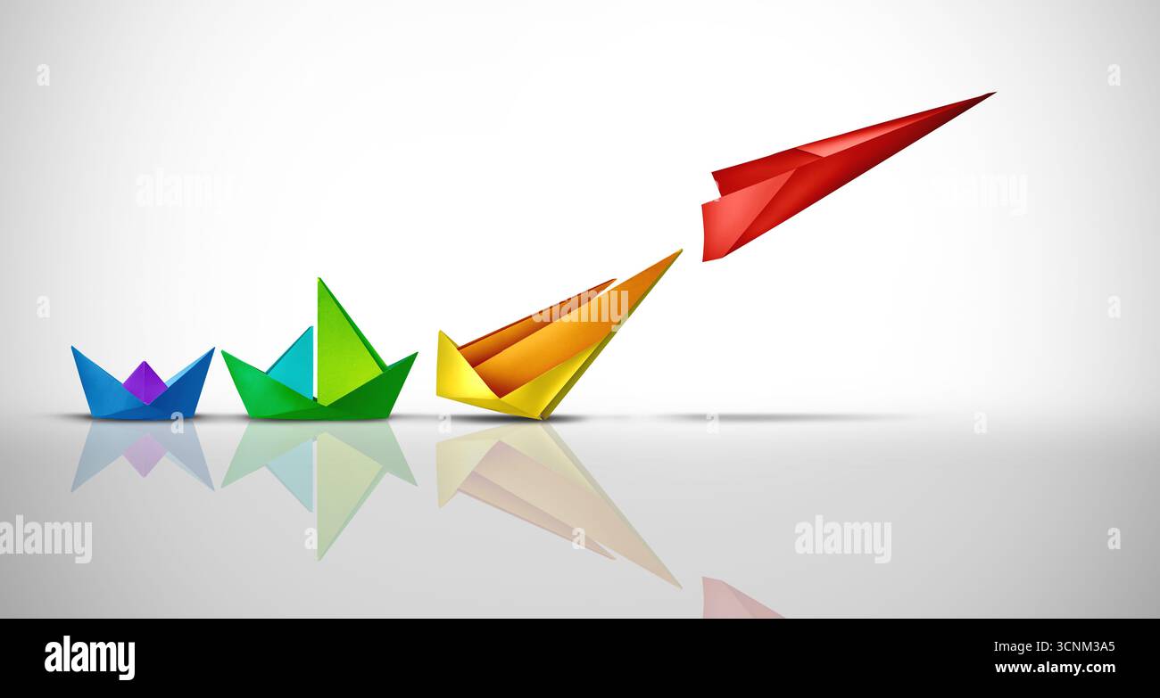 Innovazione e soluzioni innovative creative e progressi rivoluzionari come concetto di sviluppo aziendale e strategia di crescita o come decollo del successo come Foto Stock