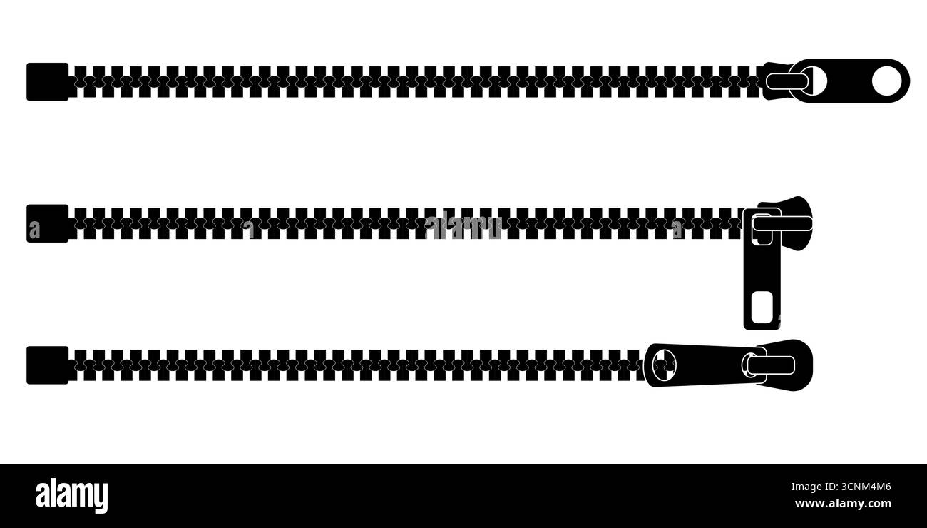 Icona realistica del vettore di trazione con zip. Schizzo isolato della cerniera aperta in metallo per giacca o borsa. Illustrazione degli accessori piatti con design dei denti Illustrazione Vettoriale