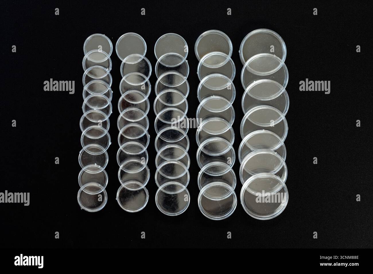 Coperture per capsula a bottone in plastica trasparente disposte in righe su sfondo nero Foto Stock