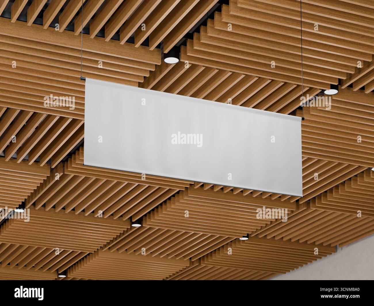 Mostra Mockup con striscioni appesi sul soffitto di legno Foto Stock