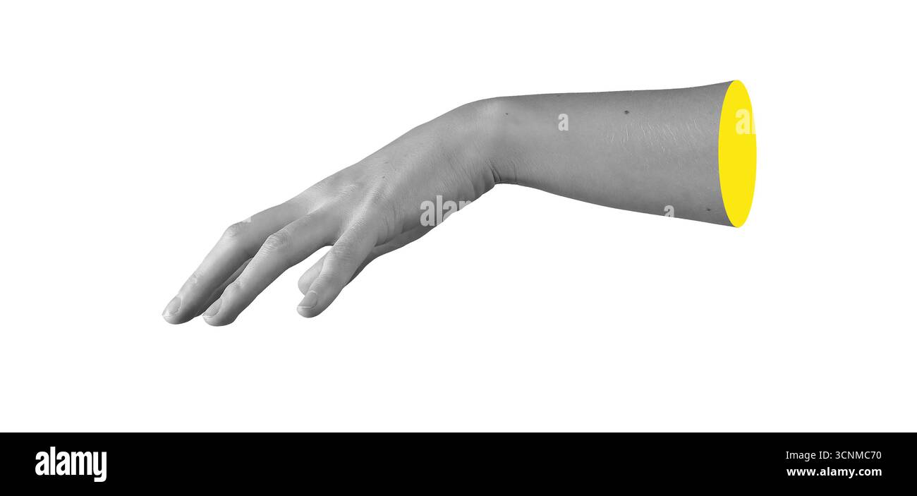 Mano della femmina in posizione orizzontale allungata, vista laterale delicata con polso piegato, gesto espressivo di portata e movimento delicato isolato su chi Foto Stock