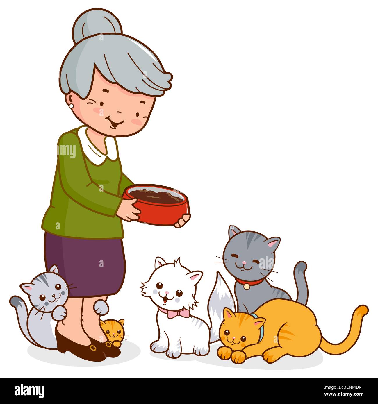 Donna anziana che dà da mangiare ai suoi gatti. Una donna anziana carina che dà da mangiare ai suoi gattini. Il proprietario di un animale domestico si prende cura del suo gatto. Foto Stock