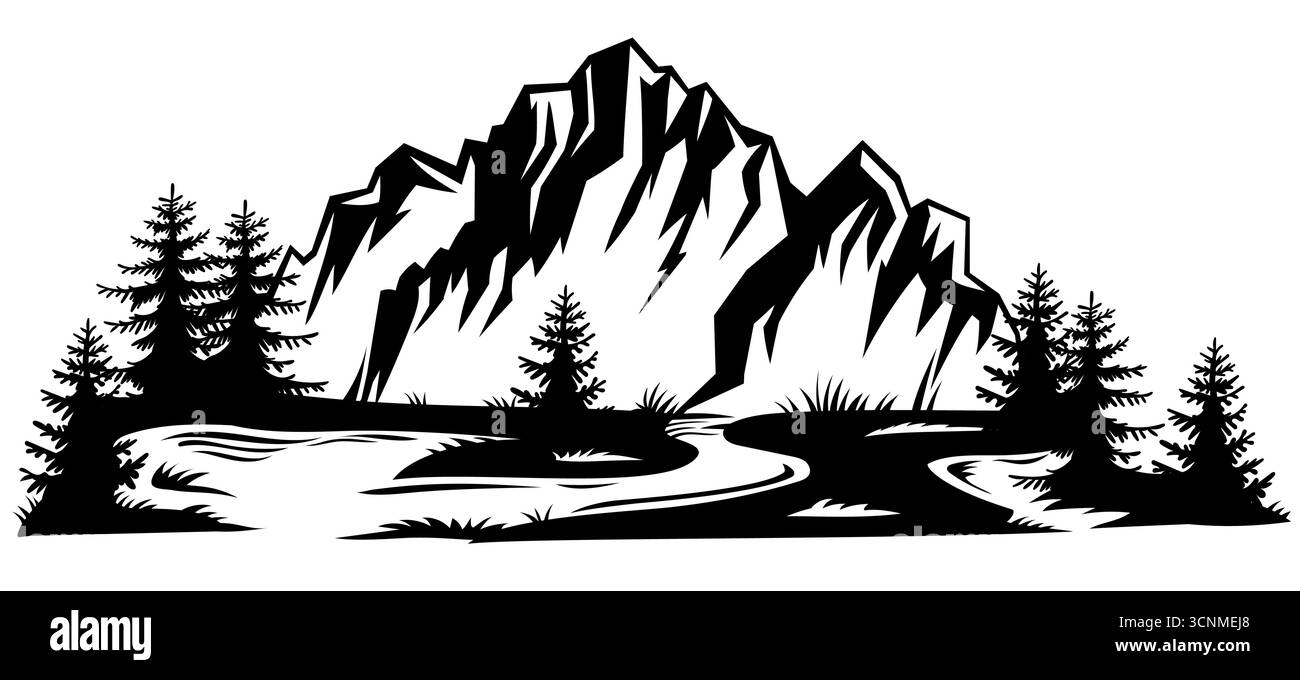 Paesaggio di montagna nera. Striscione orizzontale con paesaggi rocciosi naturali e sagome di pini. Sfondo con timbro vettoriale con emblema escursionistico per il logo Illustrazione Vettoriale