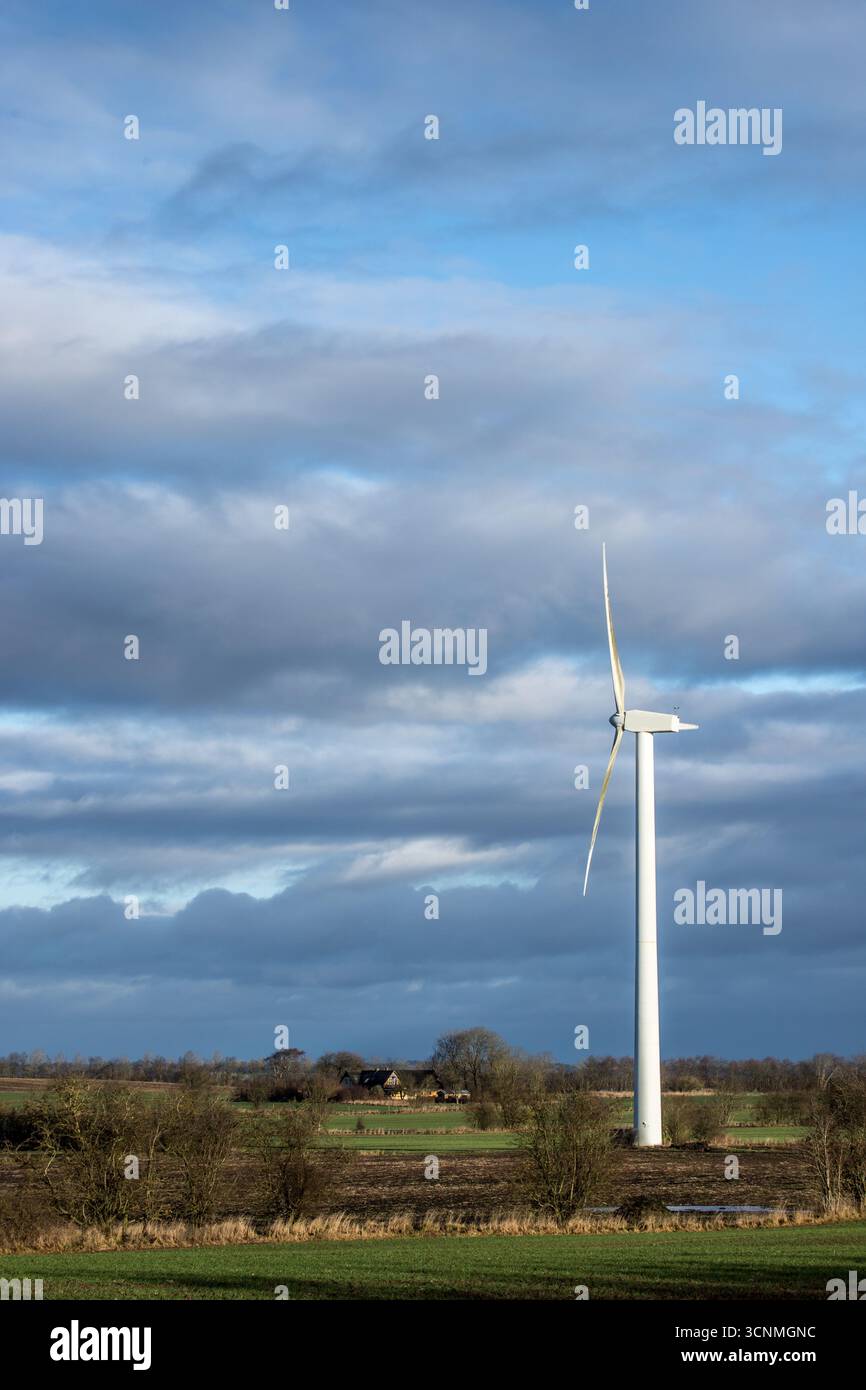 Energia verde con mulino a vento singolo nel paesaggio danese, energia eolica importante nella natura, elettricità verde, energia futura, energia eolica futura Foto Stock