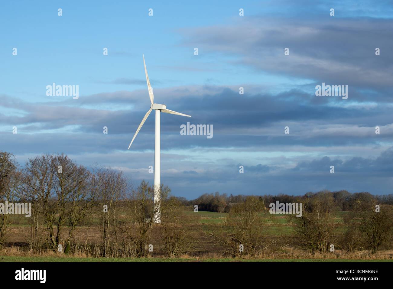 Energia verde con mulino a vento singolo nel paesaggio danese, energia eolica importante nella natura, elettricità verde, energia futura, energia eolica futura Foto Stock