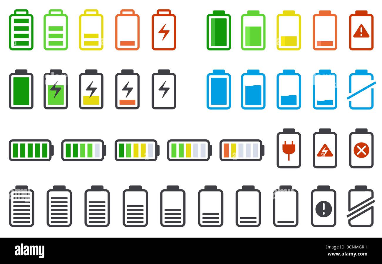 Icona di stato della batteria. Indicatore UI di ricarica elettrica, bici elettrica, simboli di stato del livello di carica della batteria per auto e telefono, batteria completamente carica e scarica Illustrazione Vettoriale
