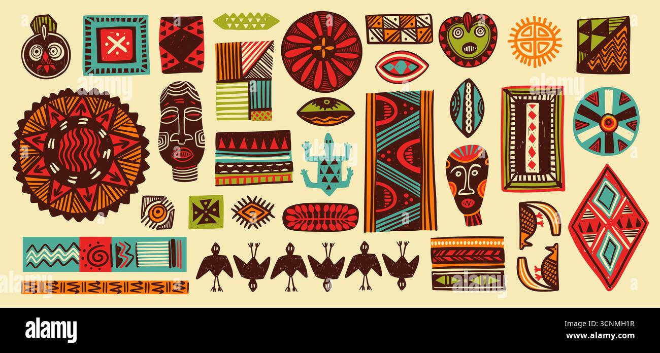 Elementi del modello africano. Geometrica tradizionale arte tribale africana, collezione di stampe etniche grunge astratte per un design decorativo ingenuo. Folk vettoriale Illustrazione Vettoriale