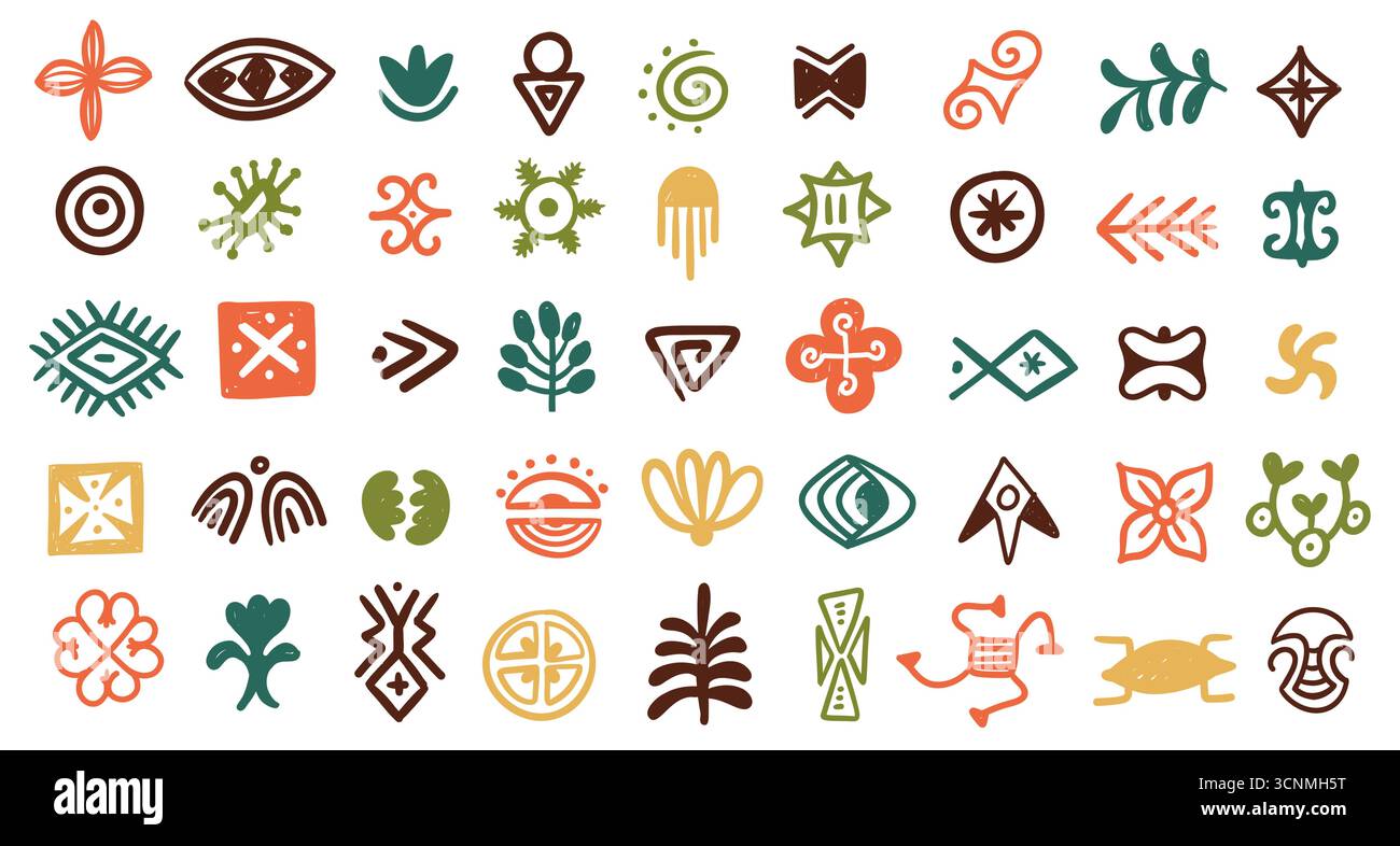 Simboli tribali africani. Forme decorative geometriche astratte etniche popolari, elementi decorativi tradizionali indigeni. Africano tribale vettoriale isolato Illustrazione Vettoriale