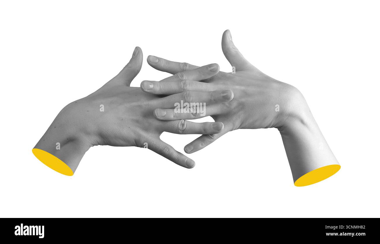Coppia di mani femminili con dita intrecciate in un gesto chiuso, che esprime unità e comunicazione attraverso una postura elegante in un moderno abstrac minimale Foto Stock Coppia di mani femminili con dita intrecciate in un gesto chiuso, che esprime unità e comunicazione attraverso una postura elegante in un moderno abstrac minimale Foto Stock