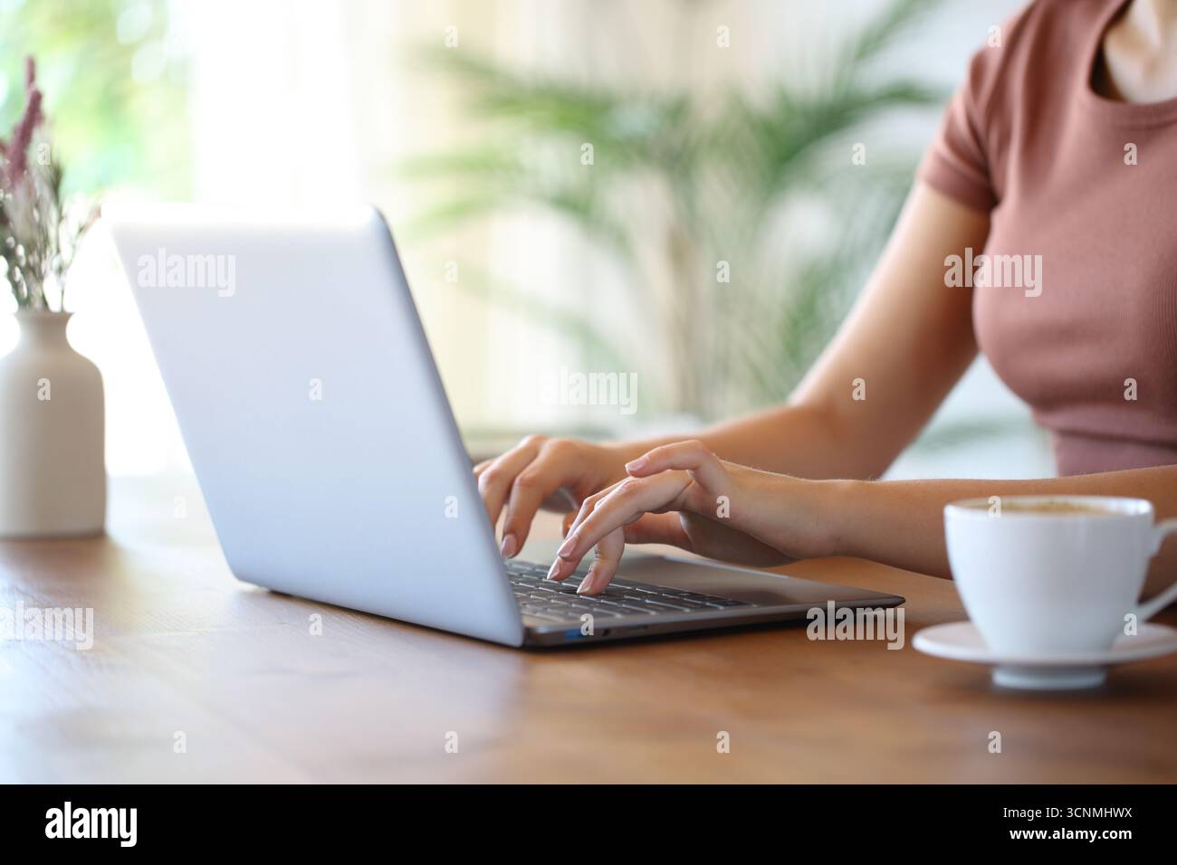 Primo piano di una donna che digita le mani su un laptop in un tavolo di legno a casa Foto Stock