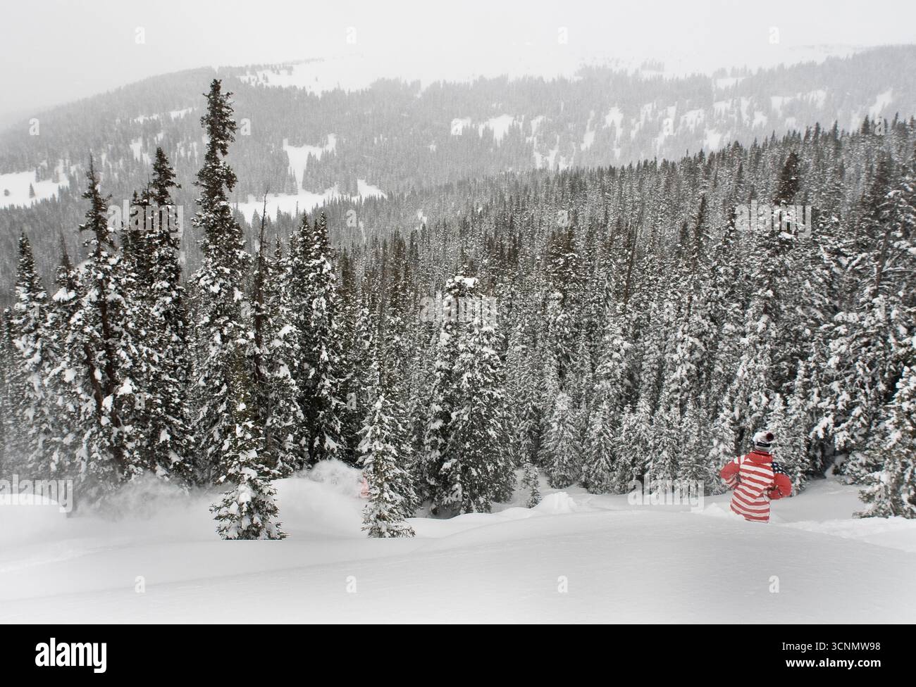 Lo snowboarder sta esplorando la sua linea di caduta in condizioni di alta valanga nel profondo entroterra del Colorado. Foto Stock